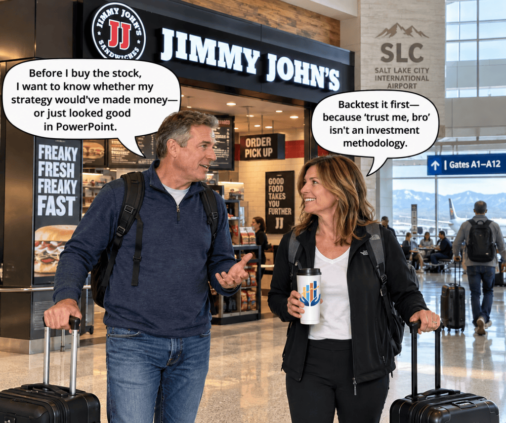 Two travelers having a conversation in an airport near a Jimmy John's restaurant, discussing investment strategies. One traveler holds a suitcase and the other has a travel mug. Two travelers having a conversation in an airport near a Jimmy John's restaurant, discussing investment strategies. One traveler holds a suitcase and the other has a travel mug.