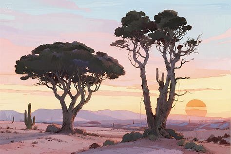 "Surrealist drawing of a dreamlike desert scene with otherworldly, alien trees rising up into the sky at sunrise. Soft pastel colors." - by GPT-4o, Imagen 4, and Seedream 3.0 image models