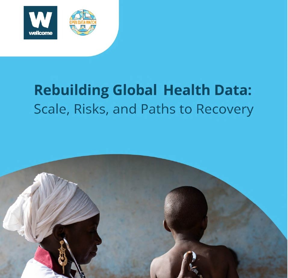 Banner with Wellcome and Open Data Watch logos against a photograph of a smiling female pediatrician pressing a stethoscope on a small African boy's back to listen to his breathing sounds during a preschool screening of his respiratory functions. Wellcome logo is a "w" over the word, "welcome," encased in a square box. Open Data Watch logo is a circle with multi-faceted colors with "Open Data Watch" across the middle.