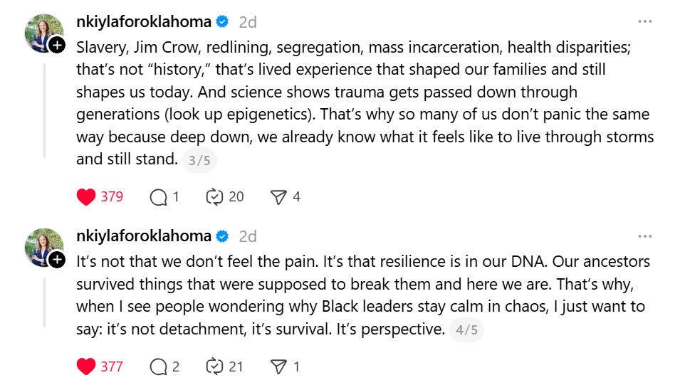 Before I head to bed, I want to share something that really stuck with me today. In one of my future Black leaders groups, somebody said: “I’m noticing that we’re the calm ones throughout this whole situation.” And another person jumped in and said: “That’s because our white advocates are still trying to make sense of what oppression is.” I literally sat back and thought, wow… I never thought of it that way before.  1 / 5 nkiylaforoklahoma 2d Here’s what that means: if you’ve never been on the receiving end of systemic oppression, it can feel like the world is on fire. Everything feels overwhelming, like a shock to the system. And I get that. But for Black communities, sadly, this isn’t new. We’ve been carrying this for generations.  2