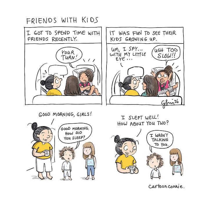 8-panel color diary comic illustrating the perceptive, brutal honesty of young children in a series of humbling exchanges with the artist. Titled "Friends With Kids," 2026, by Connie Sun, published on blog.cartoonconnie.com