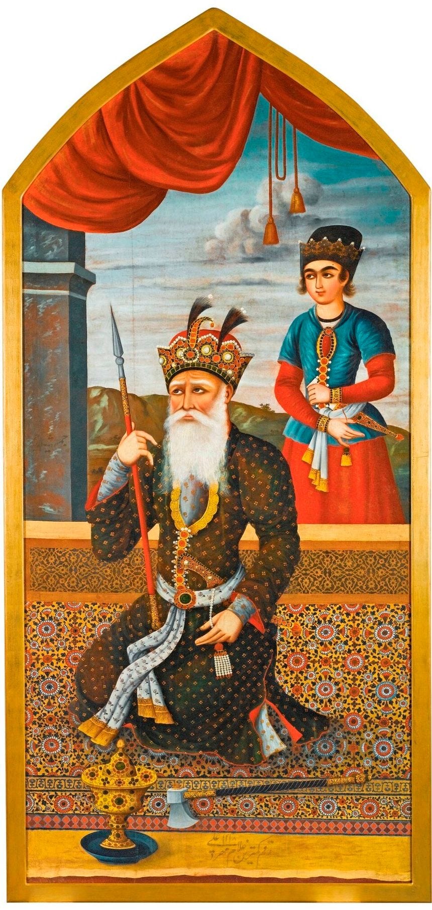 A_monumental_portrait_of_King_Jamshid,_signed_by_Mihr_'Αλί,_Persia,_Qajar,_dated_1218_AH_1803_AD_Sotheby's.jpg