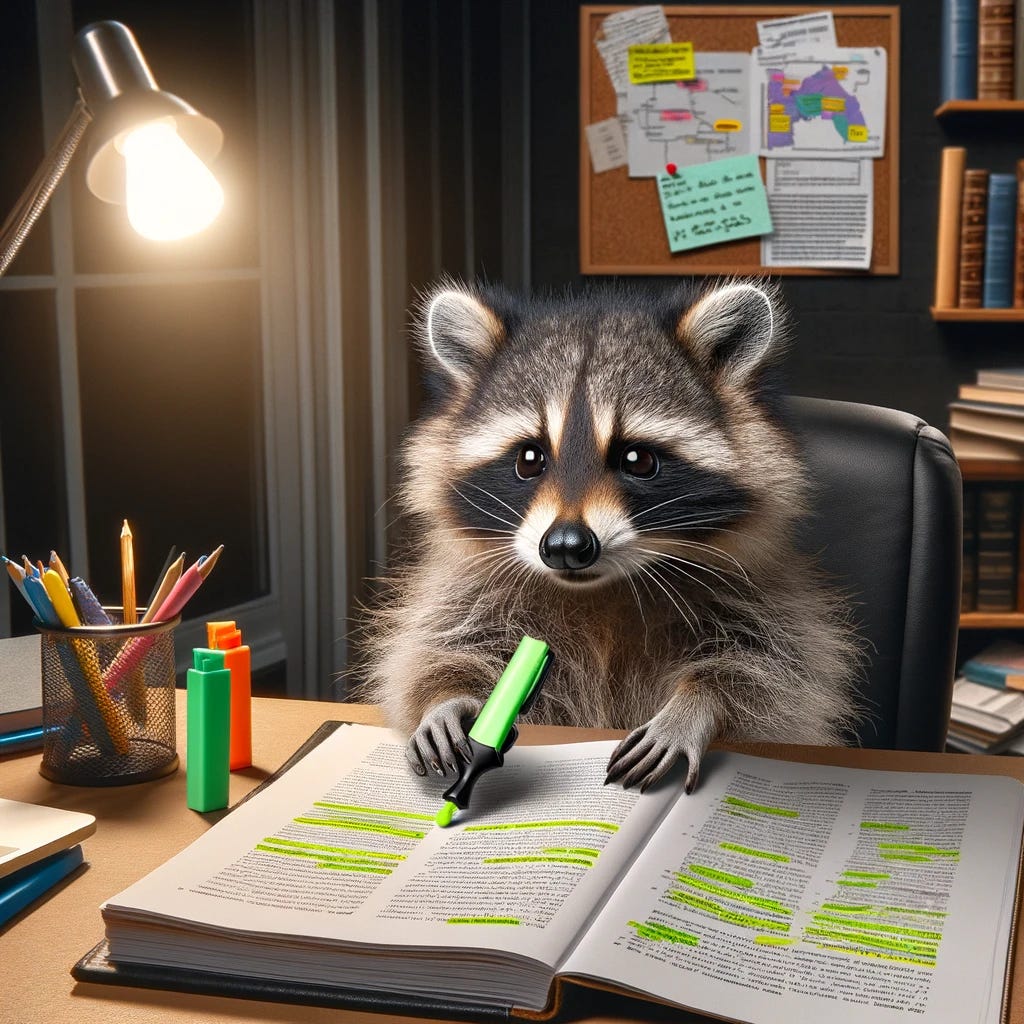 A raccoon highlighting notes and studying at a desk. The raccoon is sitting on a chair, holding a highlighter, and focusing on a notebook filled with highlighted text. The desk is cluttered with study materials such as books, papers, and a laptop. The background includes shelves with books and a bulletin board with pinned notes and diagrams. The setting is cozy and well-lit, with a desk lamp providing additional light. The raccoon looks determined and immersed in its studies.