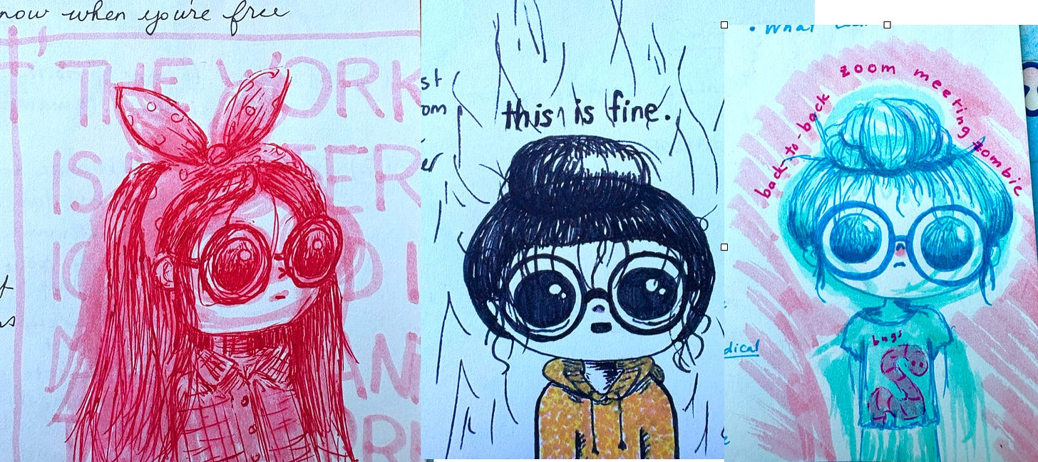 Three messy hand-drawn comics showing a cartoon version of Kate in various states of distress