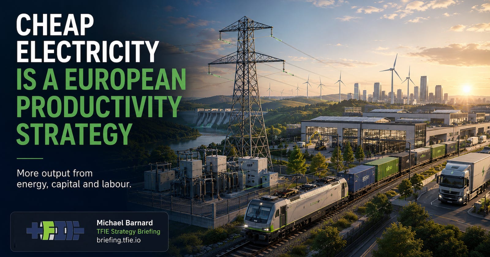 Editorial hero graphic showing an electrified European industrial corridor with freight rail, automated manufacturing, transmission infrastructure and renewable generation. Headline reads “Cheap Electricity Is a European Productivity Strategy,” with TFIE Strategy Briefing attribution.