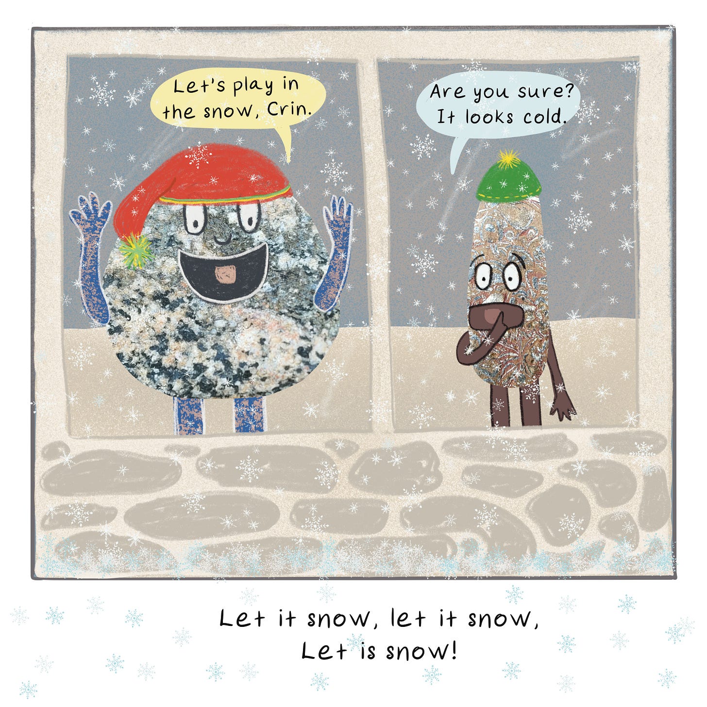 Iggy and igneous rock character, and Crin a Crinoid Fossiliferous rock character, looking out the window at snowflakes coming down. Iggy and igneous rock character, and Crin a Crinoid Fossiliferous rock character, looking out the window at snowflakes coming down.