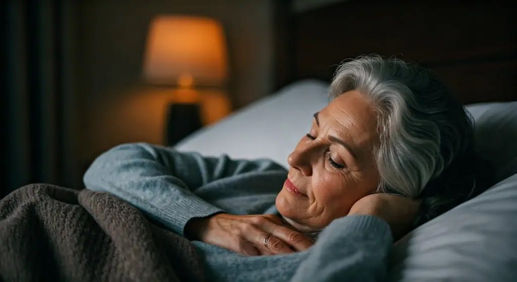 In a softly lit, tidy bedroom, an older woman in a comfortable bed sleeps soundly.