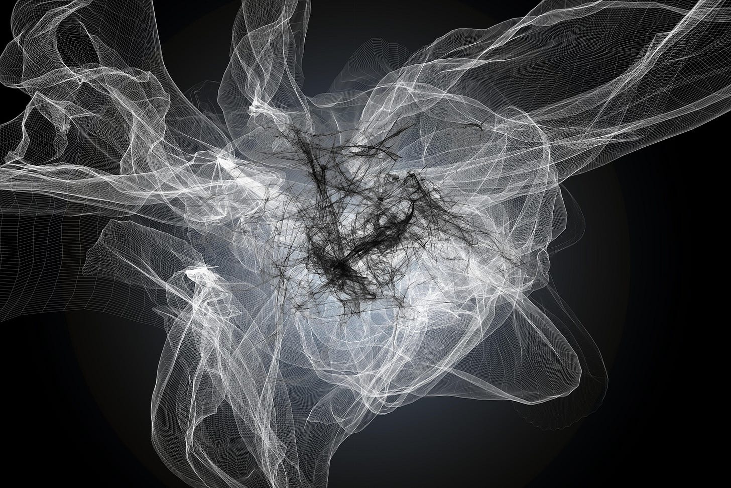 Abstract image of swirling white and black mesh-like patterns on a dark background, creating a dynamic, ethereal effect.