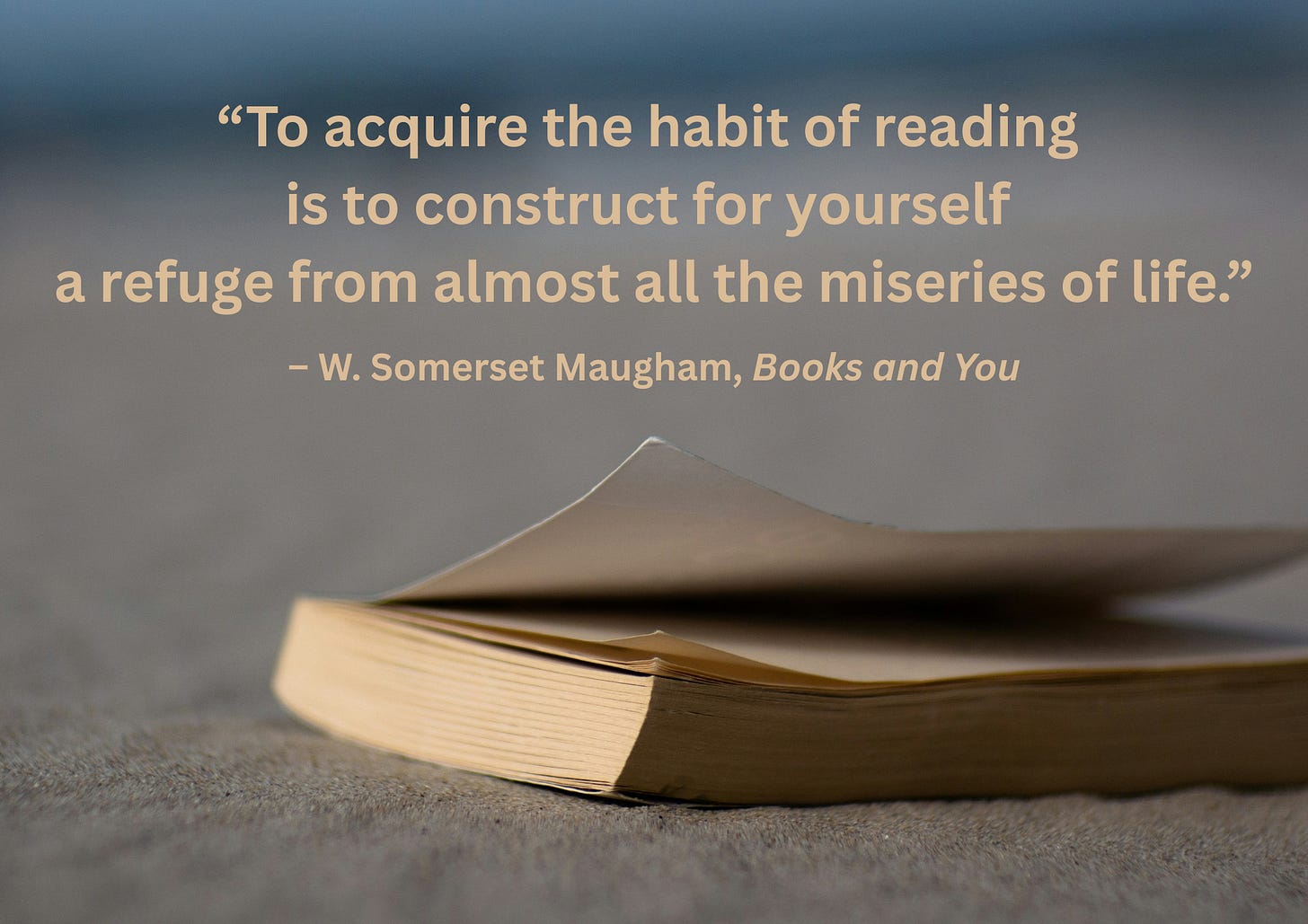 “To acquire the habit of reading is to construct for yourself a refuge from almost all the miseries of life.” – W. Somerset Maugham, Books And You “To acquire the habit of reading is to construct for yourself a refuge from almost all the miseries of life.” – W. Somerset Maugham, Books And You