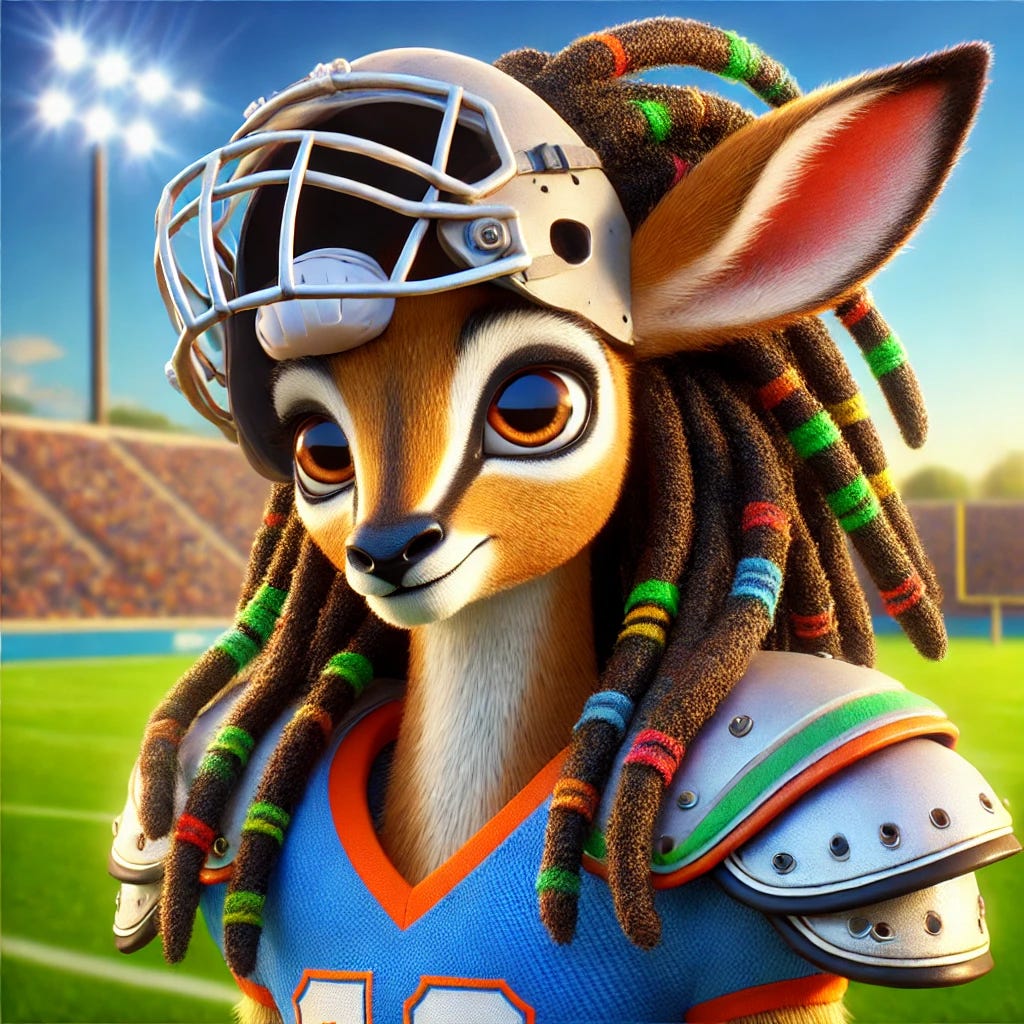 A highly detailed animated-style antelope character wearing a football uniform with shoulder pads and a helmet. The helmet features dreadlocks flowing out of the back, giving the character a dynamic and lively appearance. The antelope has large, expressive eyes and a friendly, determined smile. The uniform is brightly colored with intricate textures, and the background shows a sunny football field with a subtle stadium crowd. The style is vibrant, whimsical, and polished, embodying the charm and detail of cinematic animated characters.