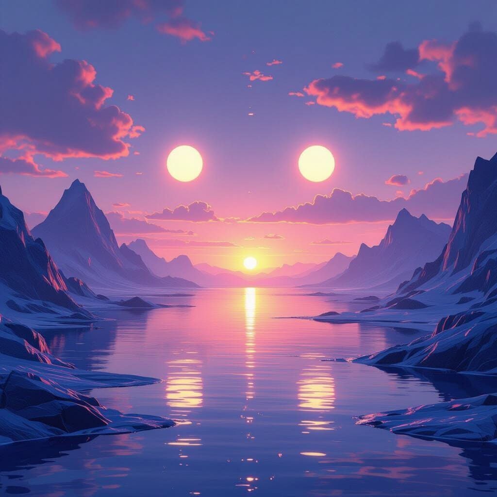 A spectacular, otherworldly dawn over a serene and futuristic landscape. Twin suns rise over crystal-clear mountains and… A spectacular, otherworldly dawn over a serene and futuristic landscape. Twin suns rise over crystal-clear mountains and…