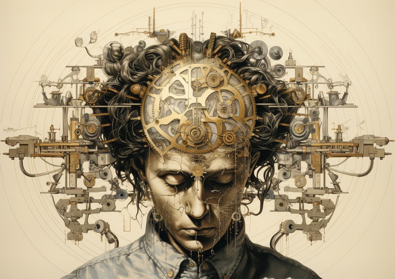 The head and shoulders of a person leaning forward intertwined with mechanical machinery.