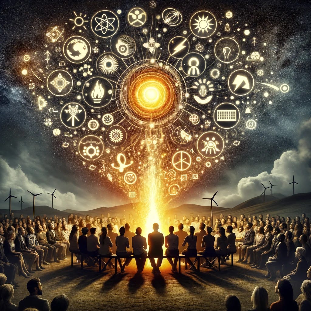 Revise the image to focus on the power of storytelling and persuasive communication, depicting a diverse group of individuals gathered around a symbolic fire. The fire illuminates their faces, emphasizing engagement and connection. Instead of religious or political symbols, the sky above is filled with symbols and icons representing energy, such as atoms, solar panels, wind turbines, and lightning bolts. These energy symbols seamlessly blend with the light from the fire, symbolizing the ancient tradition of storytelling as a unifying force. This light transforms into symbols of energy, highlighting the theme of innovation and the shared vision of a sustainable future.