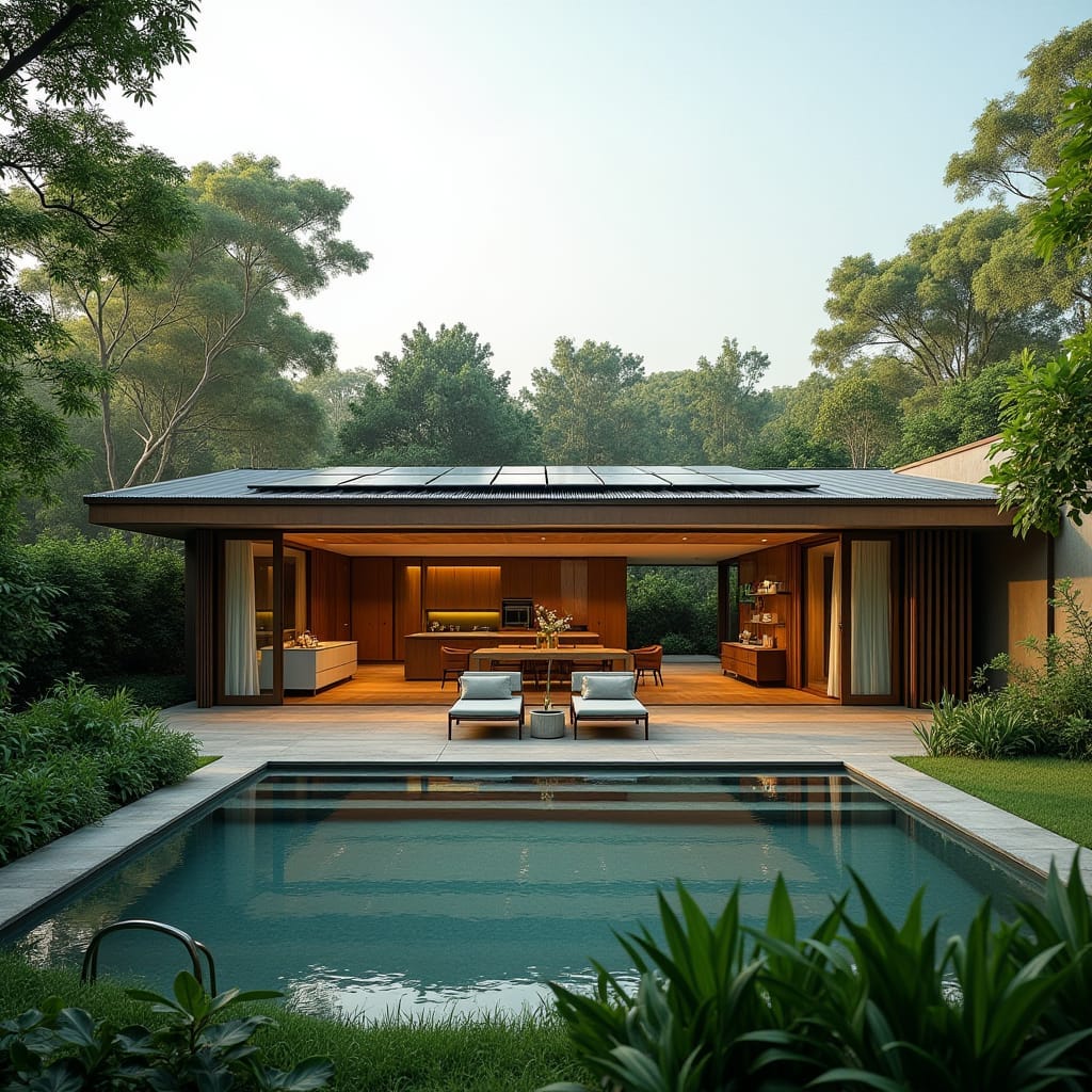 An eco-friendly home nestled in the vibrant city of Kingston, Jamaica, designed with sustainability and modern living in mind. The home features solar panels on the roof, energy-efficient windows, and natural ventilation systems. The exterior blends natural materials like reclaimed wood and stone with sleek contemporary elements. Surrounding the home is a lush garden with native plants and a rainwater harvesting system, creating a serene green space in the middle of the urban landscape. Inside, open-plan living spaces are filled with natural light, with minimalist decor that complements the eco-conscious design. Sustainable architecture, urban oasis, green living.