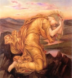 A painting of a person kneeling on a rock

AI-generated content may be incorrect.