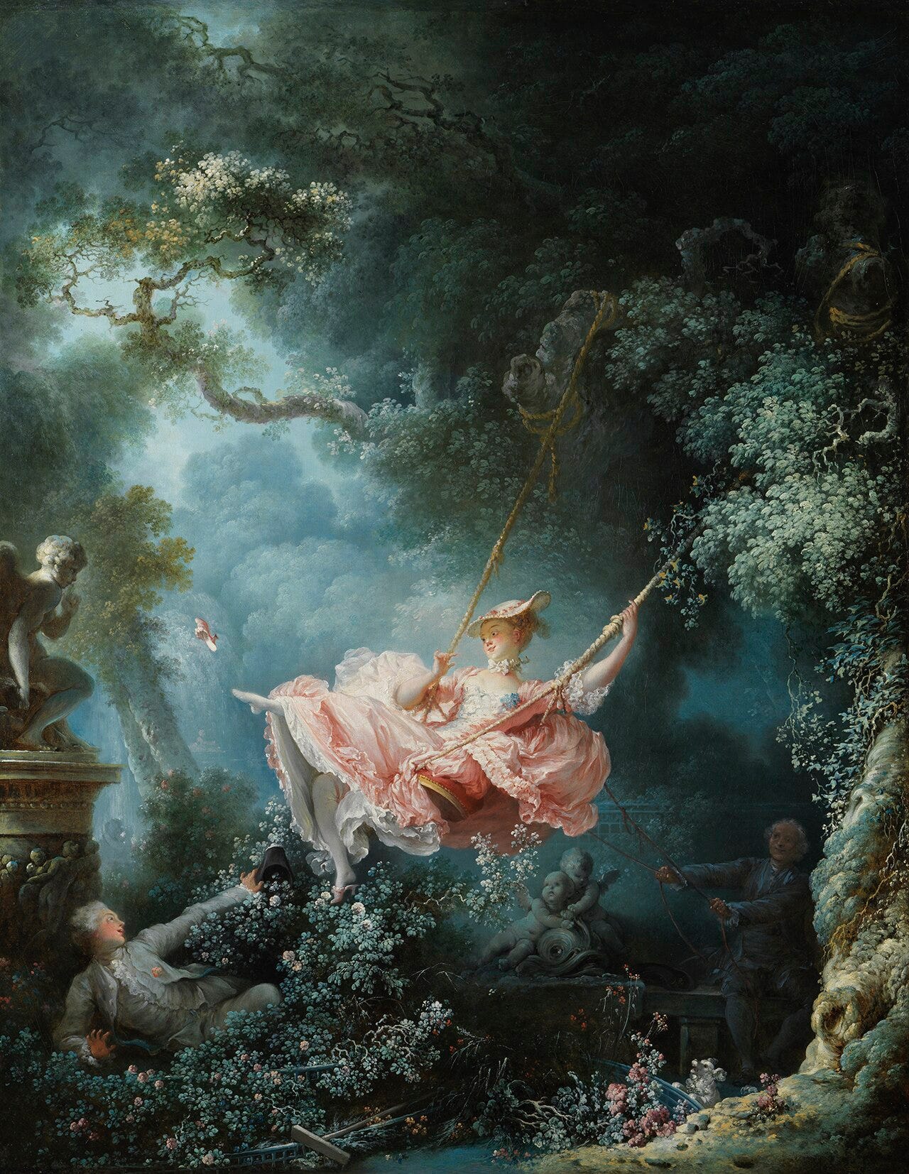 Fragonard's Swing, a woman kicking off her slipper as a hidden lover watches Fragonard's Swing, a woman kicking off her slipper as a hidden lover watches