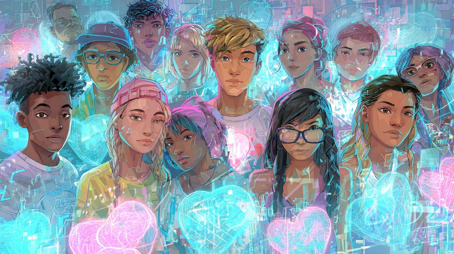 Colorful illustration of a diverse group of teens standing shoulder to shoulder, surrounded by glowing blue and pink hearts and digital patterns, symbolizing empathy, emotional connection, and the blend of technology and humanity in today’s classrooms.