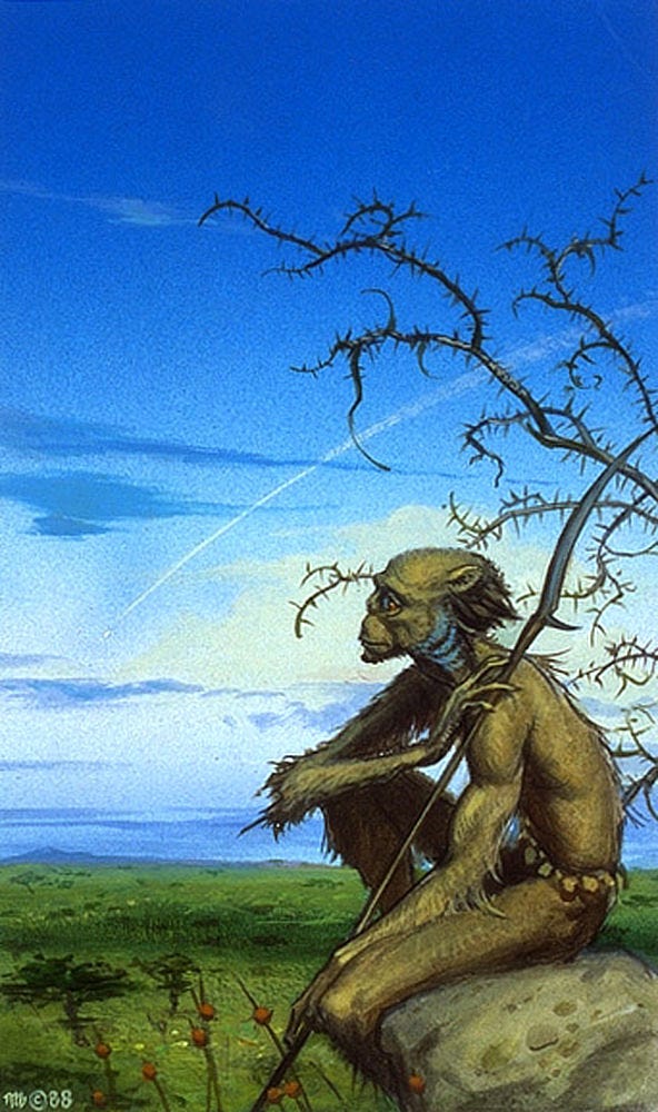 Alternative concept for PARADISE, Acrylic on Illustration Board, 9” x 6”. An ape-like humanoid sits in profile on a rock overlooking a prairie. Behind him, thorny branches of a barren tree extend front of blue skies. A contrail arcs down past clouds dark and light. There is no dragon in the concept and the spear tip is longer.