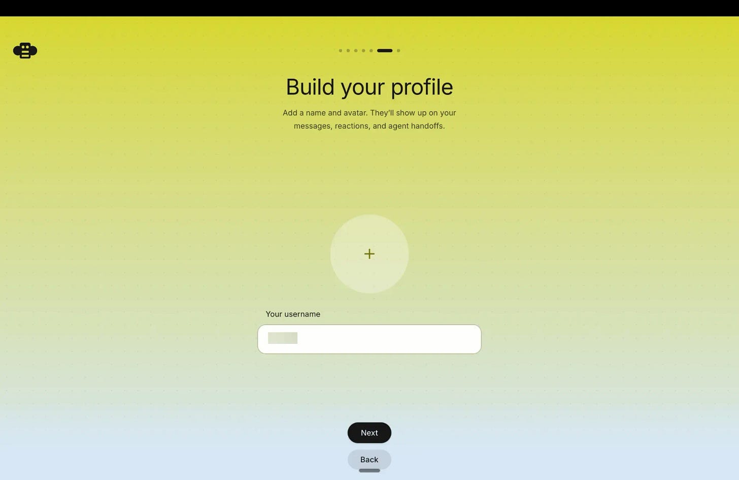 Buzz profile setup screen with username field Buzz profile setup screen with username field
