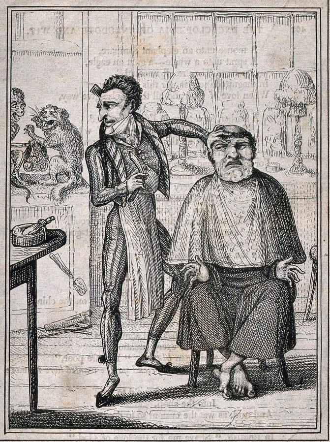 barber shaving friar; left-hand background