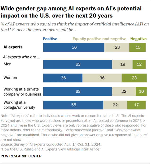 A horizontal stacked bar chart showing that wide gender gap among AI experts on AI’s potential impact on the U.S. over the next 20 years.