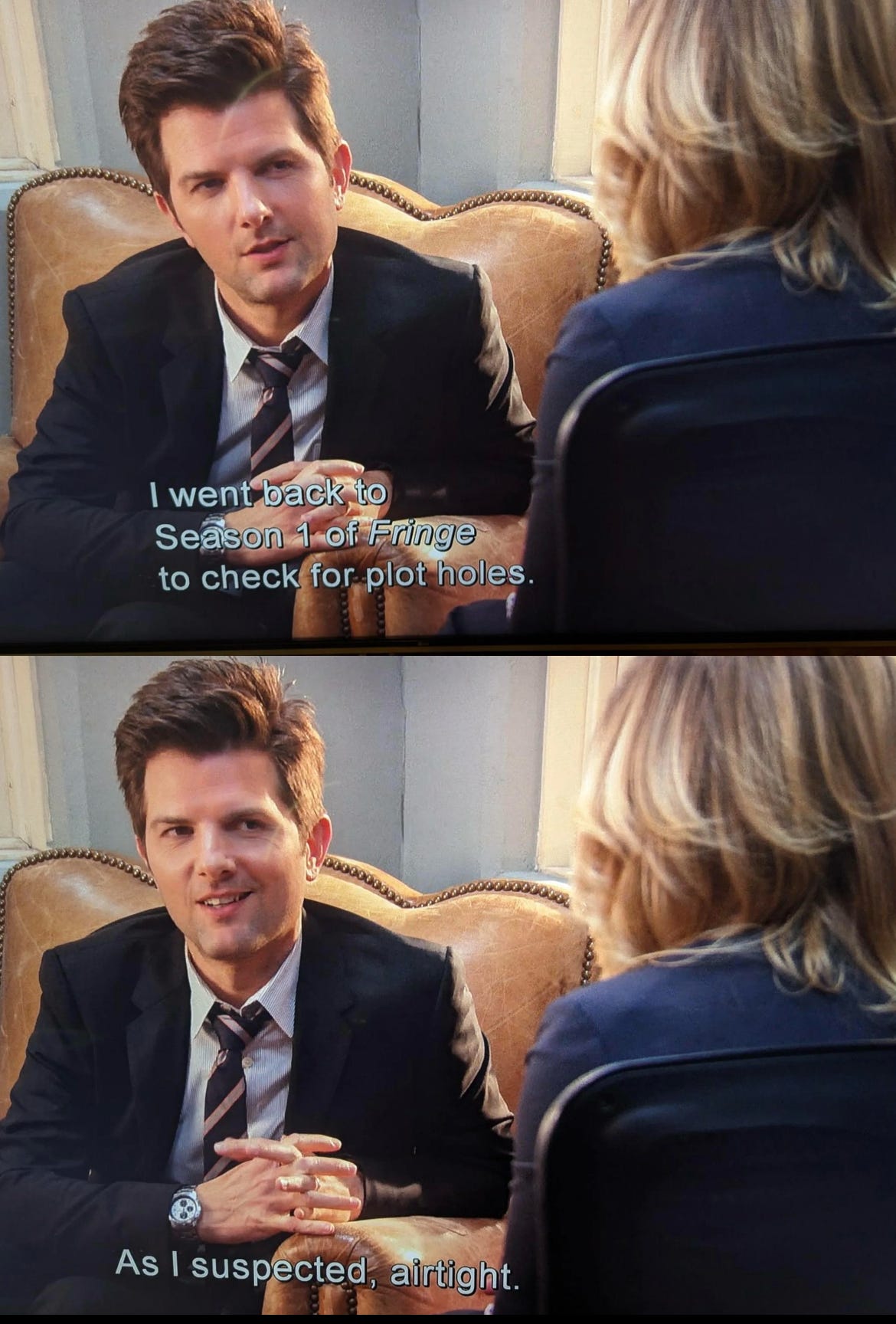 Screenshots from NBC's Parks and Recreation see Ben Wyatt advocating for the excellence of the tv procedural Fringe.