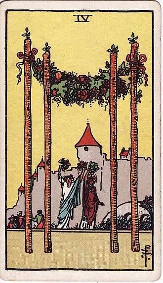 Four of Wands from the Rider–Waite tarot deck Four of Wands from the Rider–Waite tarot deck