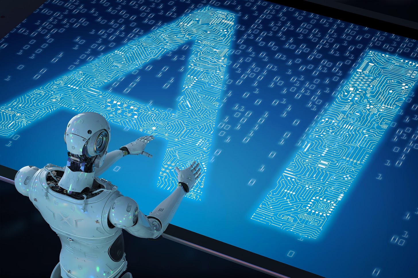 AI Robot overlooking a blue circuit board