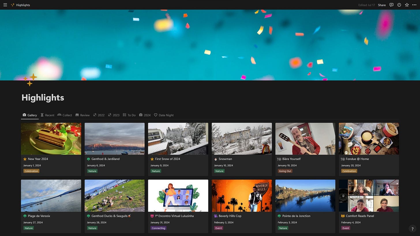 Screenshot of my Highlights photo gallery in Notion. Each photo has a title, a date and a category underneath. There’s a slice of cake, fondue, the view of snow outside my window, different lake views, my husband holding a giant wooden spoon, a movie poster and two pictures for online gatherings. 
