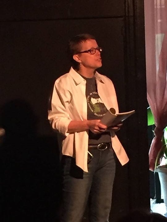 Photo of my signing books and Ward from Chop Suey Books holding a book; Me at mic reading; Me reading; In group of five writers in Queer Voices event.