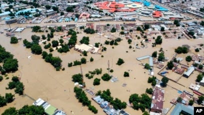 Houses are partially submerged following a dam collapse in Maiduguri, Nigeria, Sept. 10, 2024. 