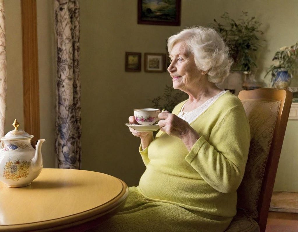 Settling into her chair by the window, 83-year-old Irish woman sips her tea at a small table. Settling into her chair by the window, 83-year-old Irish woman sips her tea at a small table.
