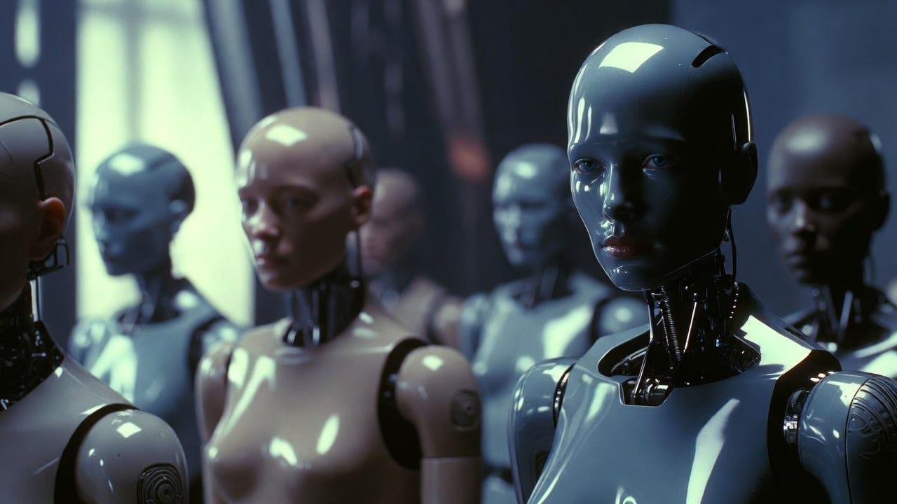 a sci-fi movie still of several synthetic female humanoid robots, rule of thirds composition, cinematic lighting, depth of field, looking directly at camera, asymmetrical framing