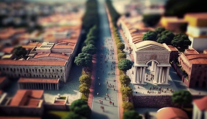 Midjourney prompt: all roads lead to rome during roman empire era tilt-shift photography