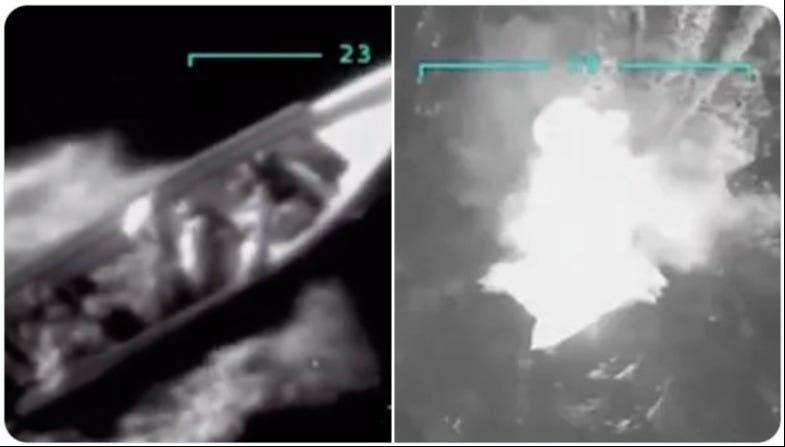 President Trump & The Department of Defense released video of the destruction of a small smuggling boat, killing its crew of eleven. President Trump & The Department of Defense released video of the destruction of a small smuggling boat, killing its crew of eleven.