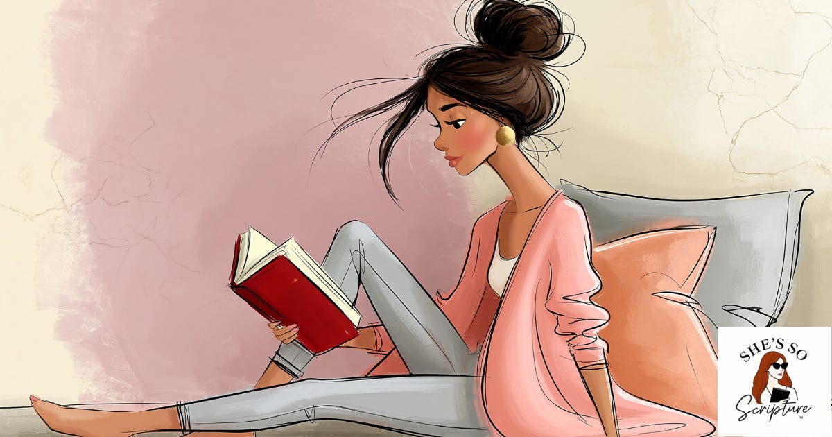 Illustrated image of a woman sitting on the floor with pillows behind her reading a Bible