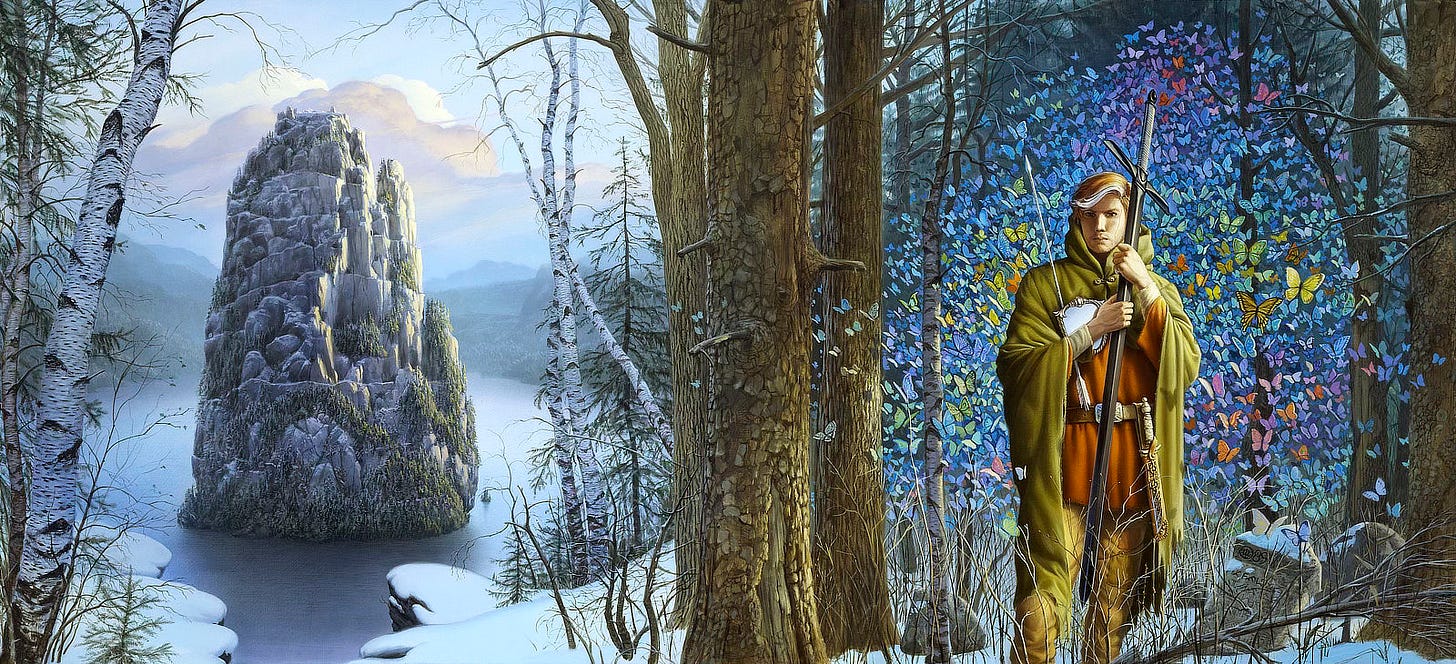 Standing in a wintry forest, a man grips the blade of a smooth black sword that stands hilt up as tall as he is. In a kaleidoscope of thousands of wings, butterflies burst through the woods behind him. Dour faced, Simon is wrapped plainly in heavy green cloak. A snowy lock set in red hair sweeps wide across his forehead. The channel of a scar meanders down from his temple following the curve of his cheek all the way to his jaw. He clutches a white arrow and silver hand mirror in the crook of his arm. Set opposite panel left, the forest opens to a serene view of a lake. Framed by birch trees, a tall cool stone rises from the water. Barely perceptible, a castle sits at the top. The shape of the stone implies an open hand in its gray outline. Evergreens line tiered ridges, arching low on the rock to suggest a bearded face. Standing in a wintry forest, a man grips the blade of a smooth black sword that stands hilt up as tall as he is. In a kaleidoscope of thousands of wings, butterflies burst through the woods behind him. Dour faced, Simon is wrapped plainly in heavy green cloak. A snowy lock set in red hair sweeps wide across his forehead. The channel of a scar meanders down from his temple following the curve of his cheek all the way to his jaw. He clutches a white arrow and silver hand mirror in the crook of his arm. Set opposite panel left, the forest opens to a serene view of a lake. Framed by birch trees, a tall cool stone rises from the water. Barely perceptible, a castle sits at the top. The shape of the stone implies an open hand in its gray outline. Evergreens line tiered ridges, arching low on the rock to suggest a bearded face.