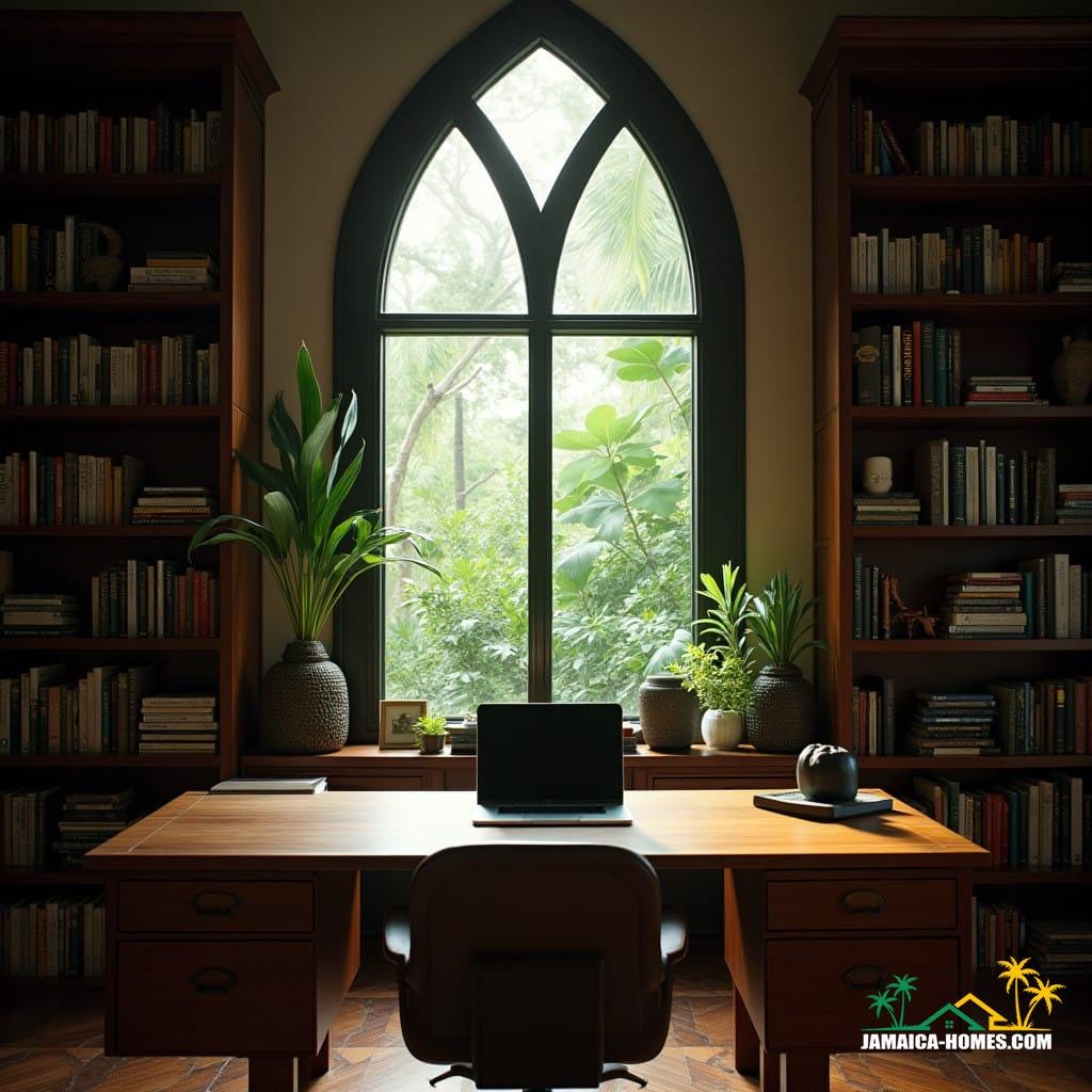 The home office: A modern study with a large desk made of Jamaican hardwood, a Gothic-style window offering views of tropical greenery, and bookshelves filled with eclectic literature. A sleek laptop and minimalist decor emphasize productivity.