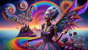 In DMT's dance, the jesters gleam, With fractal laughter, they ...