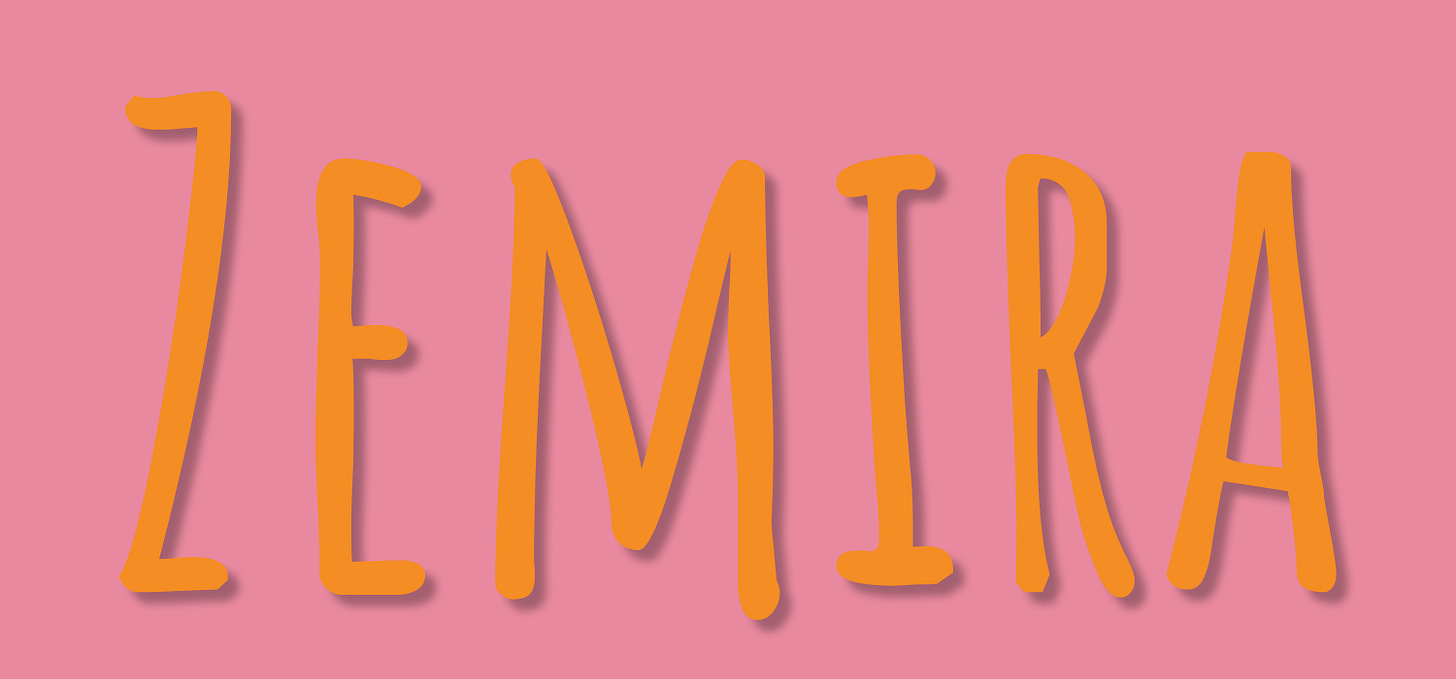 Zemira, written in orange on pink background