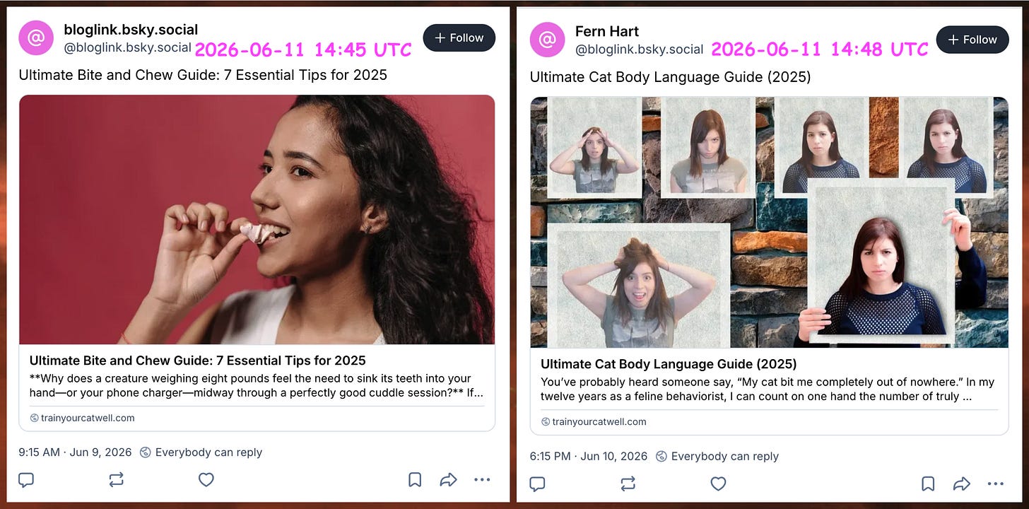 screenshots of two bloglink.bsky.social posts taken three minutes apart, the first showing the display name "bloglink.bsky.social" and the second showing the display name "Fern Hart"