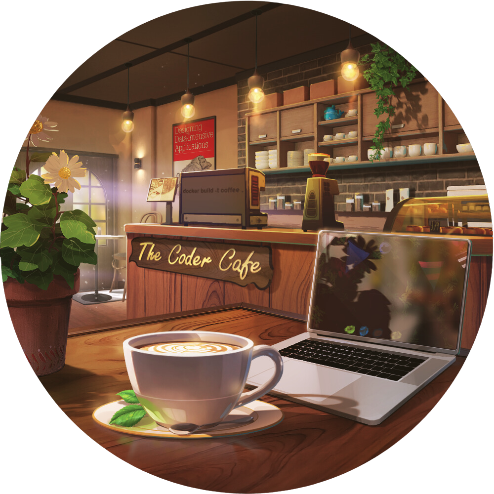 Illustrated coffee shop scene with a laptop and cappuccino on a wooden table in front of a counter labeled “The Coder Cafe.”