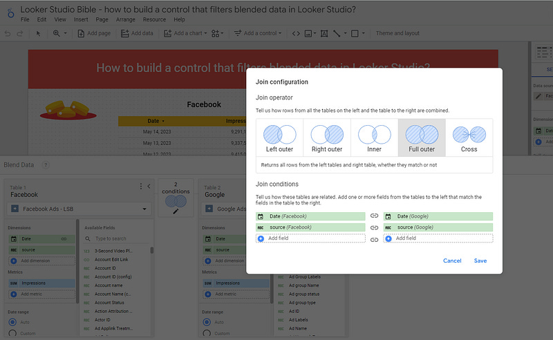 looker studio blended data control filter both source