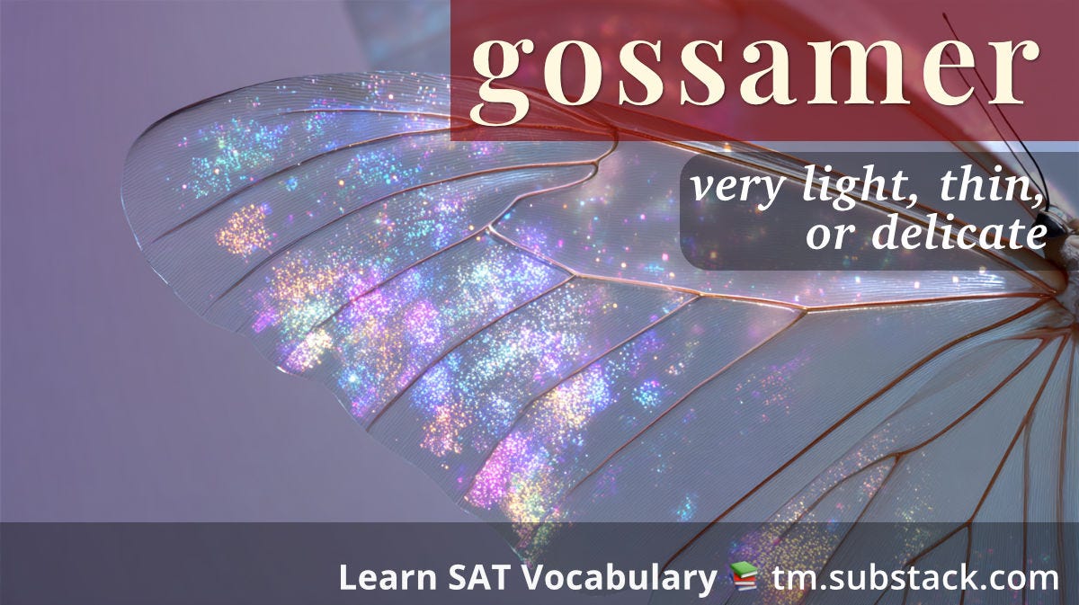 A photorealistic extreme close-up of a butterfly wing edge reveals gossamer-thin translucent membrane with delicate veins visible through the surface. Light passes through the wing creating rainbow iridescence, the structure so delicate it appears made of colored air with tiny scales like fairy dust. Positioned in the bottom right corner against a lavender gradient background; used to illustrate the SAT word 'gossamer'.