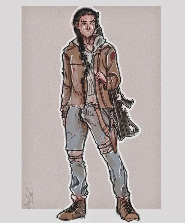 Drawing of a person in a brown jacket, jeans, and boots holding a gun. The background is plain, and the expression is serious.