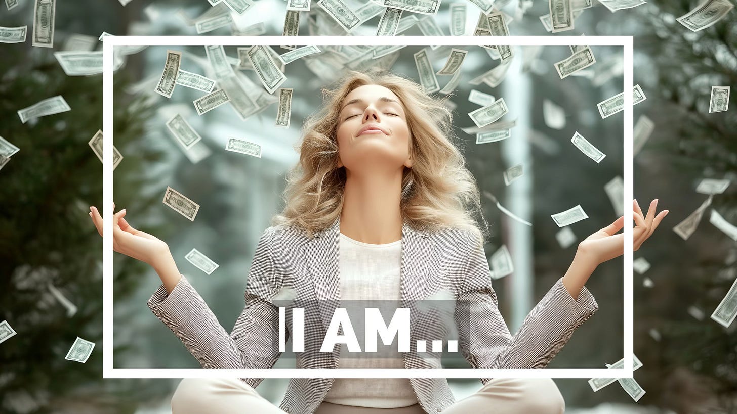 A woman meditating as money swirls around her