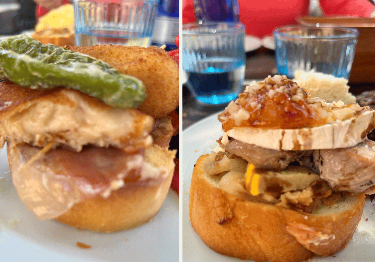 Side by side photos of potato croquette and foie gras pintxo. Side by side photos of potato croquette and foie gras pintxo.