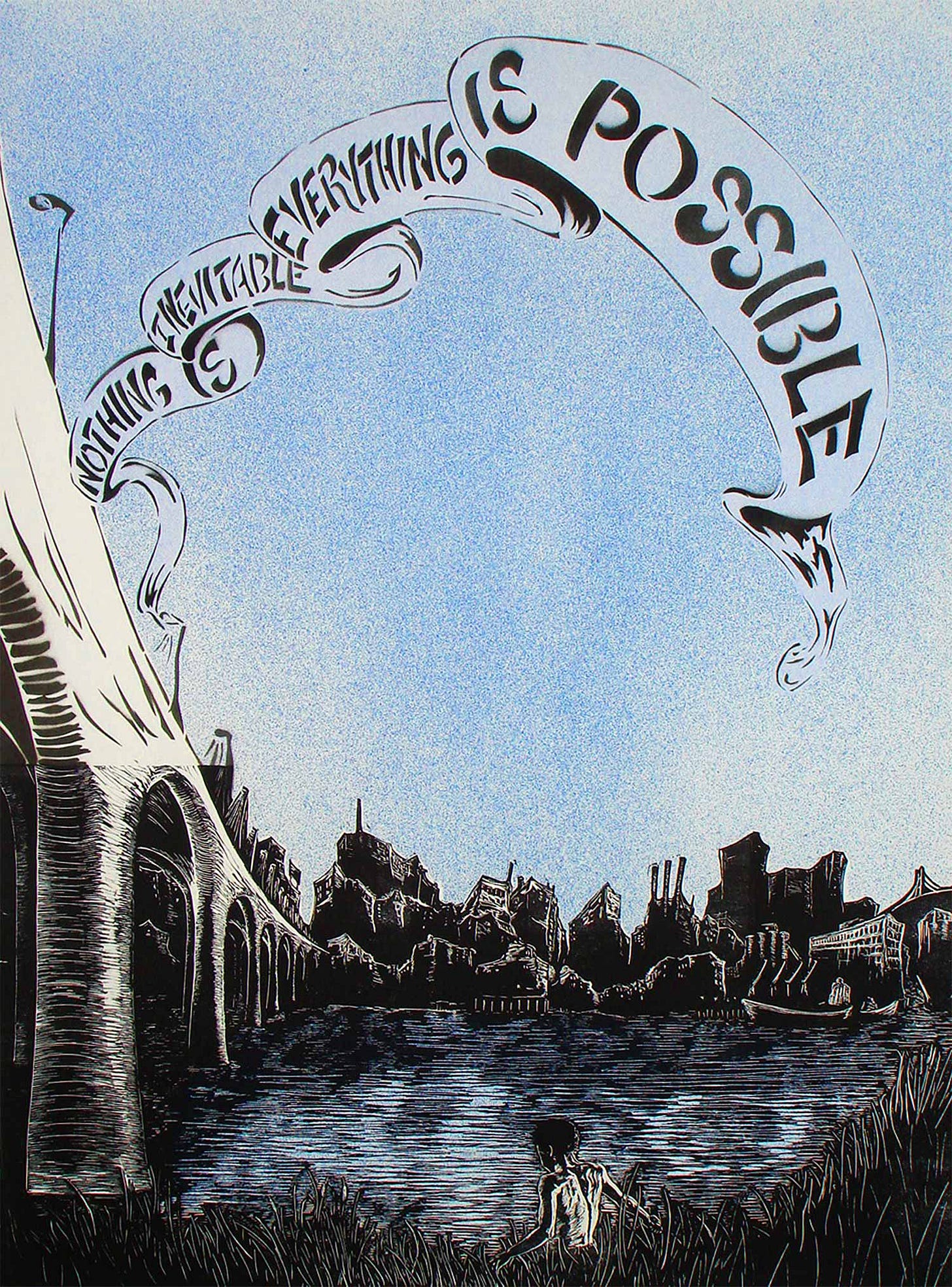 A person is wading through brushes towards water. On the left an overpass leads to a city on the horizon