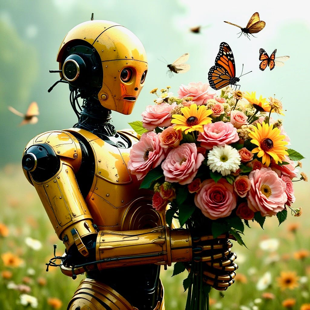 A robot holding a bouquet of flowers

AI-generated content may be incorrect.