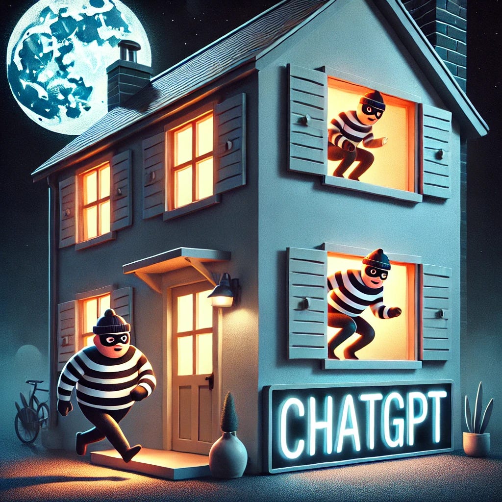 A creative and slightly humorous illustration of two thieves sneaking into a house through a window at night. The house is simple and modern, with a glowing neon sign in front of it that says 'ChatGPT.' The thieves are depicted in a non-threatening, cartoonish style, wearing traditional burglar outfits with striped shirts and masks. The scene is lit with soft moonlight and a cozy ambiance, creating a mix of mischief and whimsy. The overall tone is lighthearted rather than ominous.